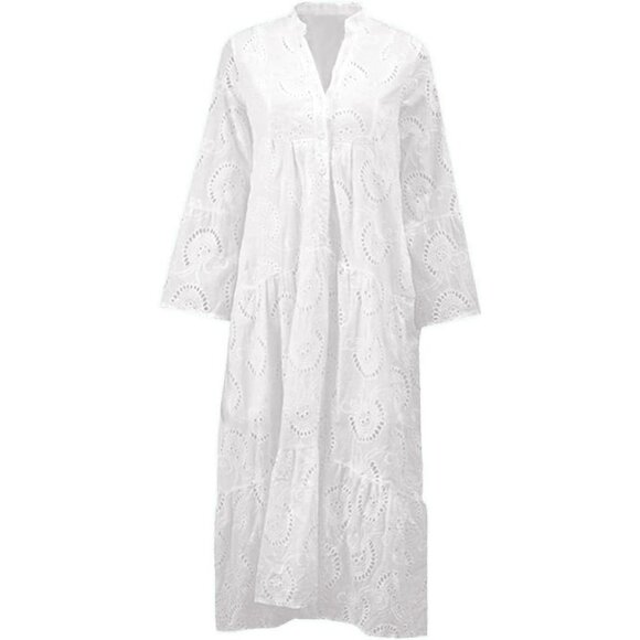 Women's Lace Maxi Dress Cotton Eyelet V Neck Tiered Swing Hem Casual Wear - Picture 4 of 5